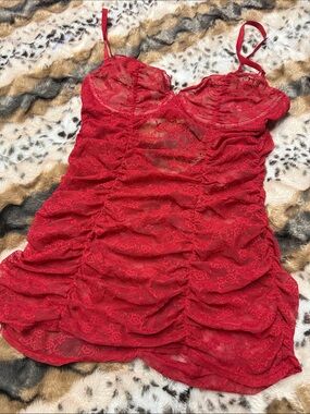 Adore Me Lingerie Red Lace Ruched Slip Dress
